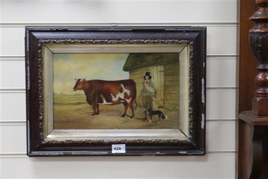 H.G. Gower, oil on canvas, Naive study of a farmer, bull and dog, signed and dated 1861, 25 x 40cm.